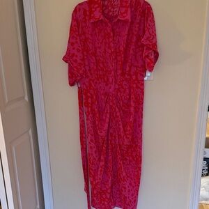 Hot Pink Printed Midi Shirt Dress